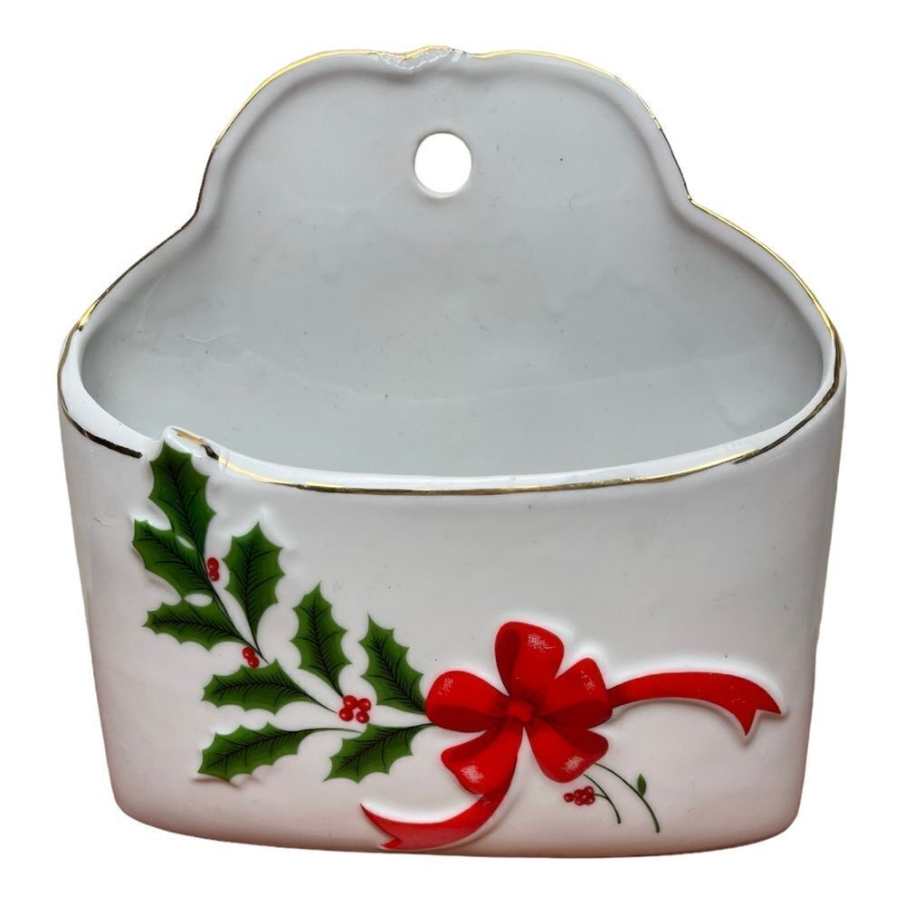 Vintage Montgomery Ward Porcelain Ceramic Holiday Holly Christmas Letter Holder